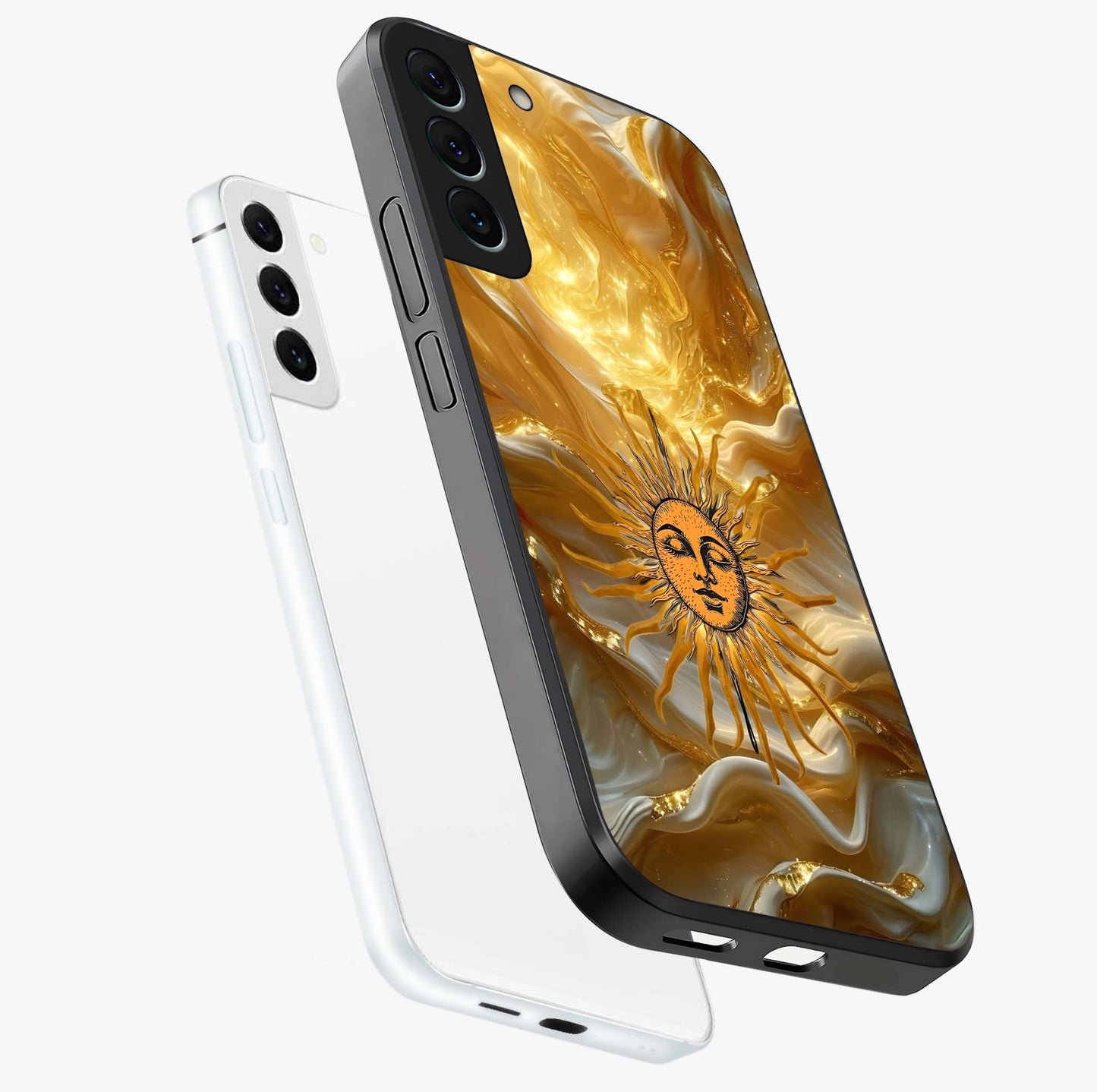 Eternal Golden Glow Glass Case displayed in angled mockup highlighting glowing golden aesthetic design with elegant style.