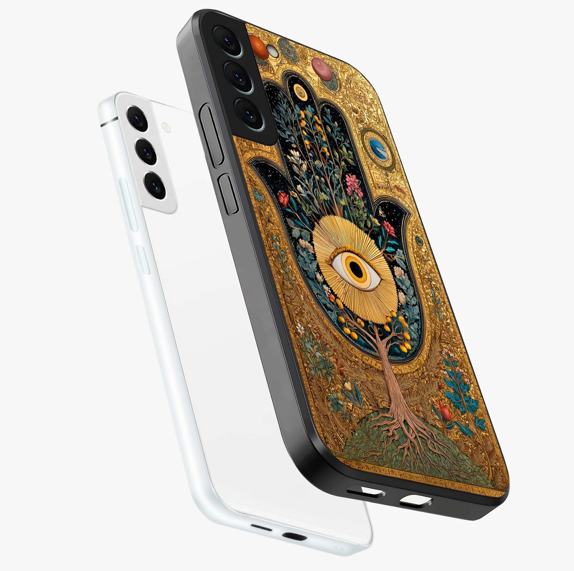 Ethereal Evil Eye Glass Case displayed in angled mockup highlighting protective evil eye symbol with spiritual aesthetic design.