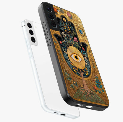 Ethereal Evil Eye Glass Case displayed in angled mockup highlighting protective evil eye symbol with spiritual aesthetic design.