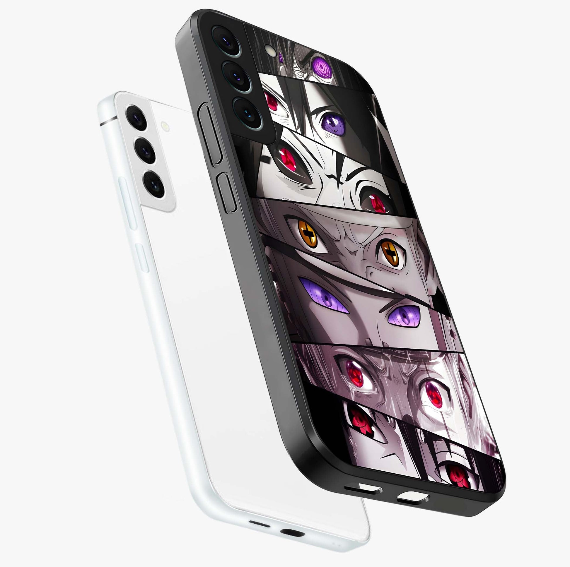 Eyes of Destiny Glass Case displayed in angled mockup highlighting bold eye illustration with mystical aesthetic style.