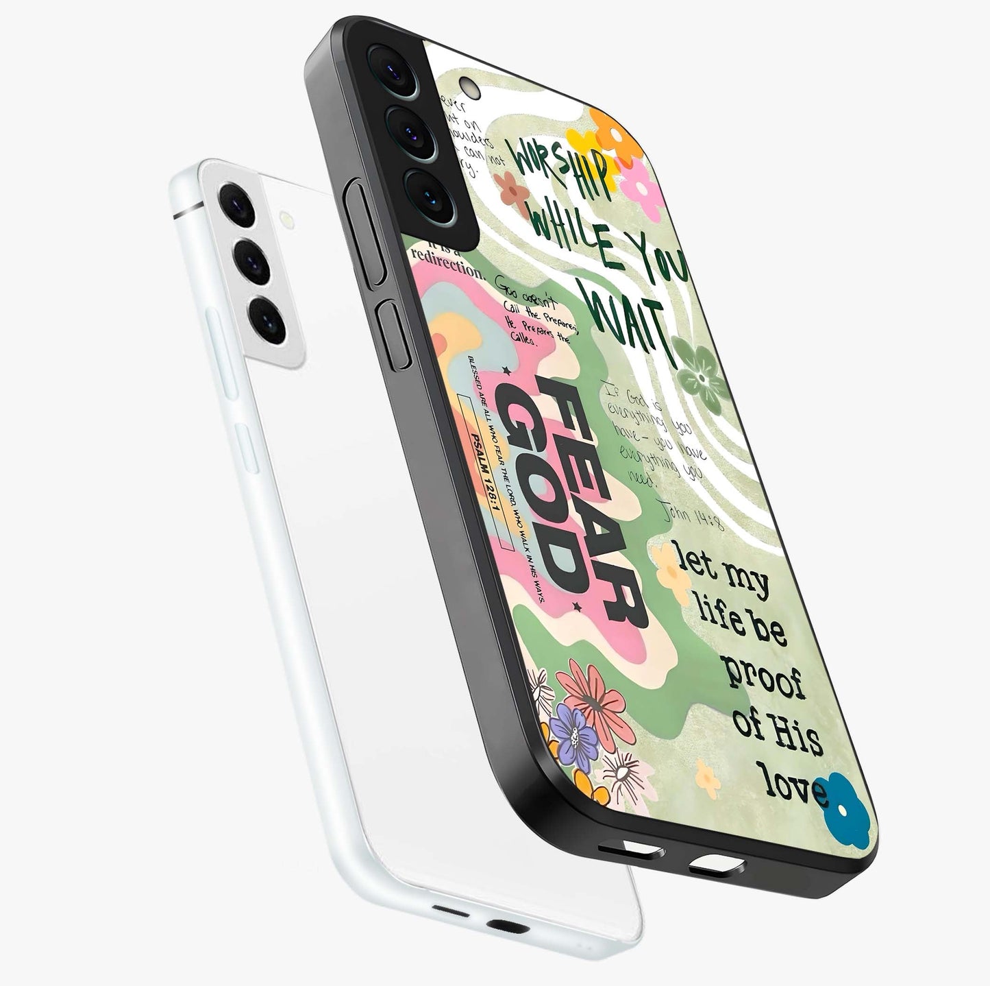Faith Over Fear Glass Case displayed in angled mockup highlighting inspirational message design with modern aesthetic style.