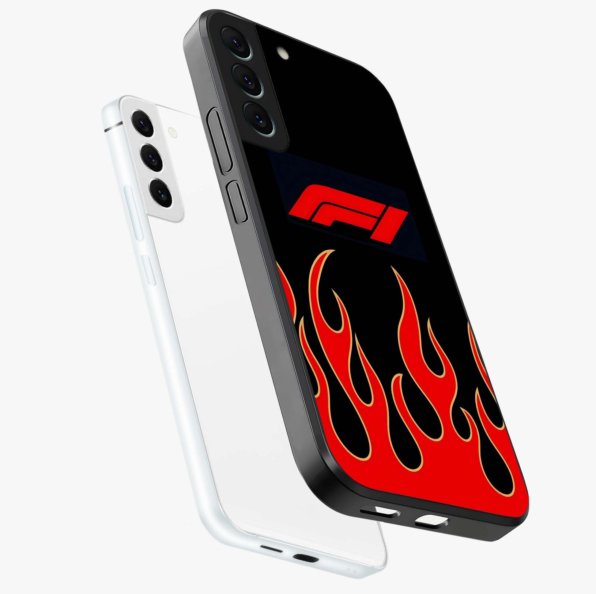 Fire F11 Glass Case displayed in angled mockup highlighting bold fire inspired graphic with energetic aesthetic style.