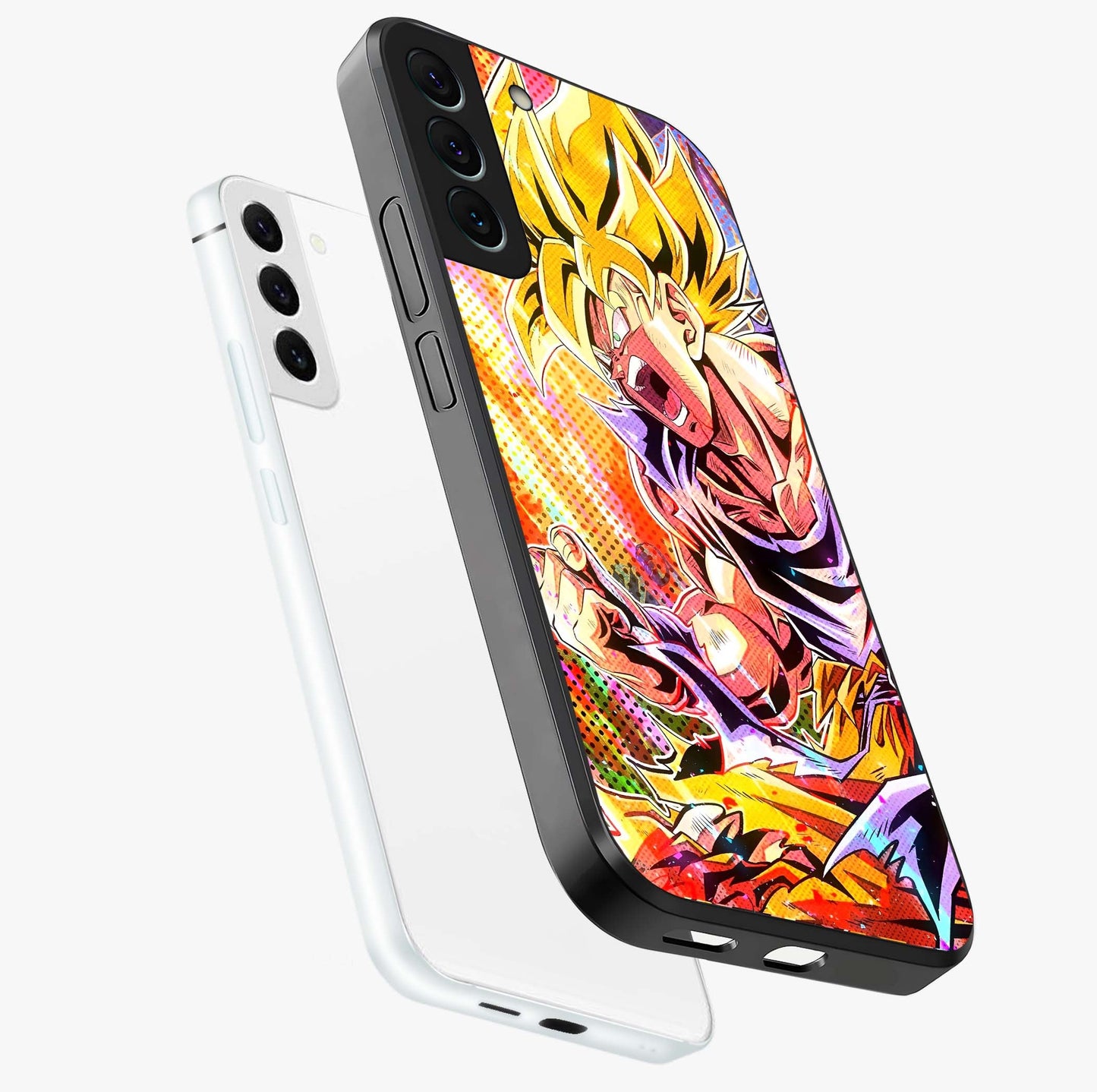 Firing Goku Glass Case displayed in angled mockup highlighting dynamic anime character design with action aesthetic.