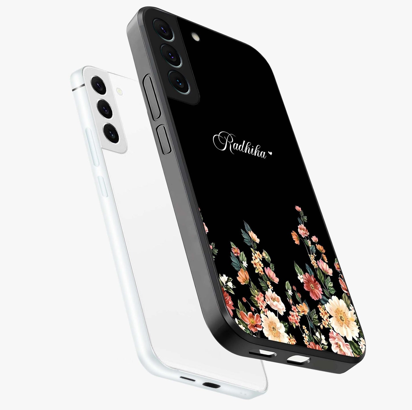 Floral Design With a Custom Personalized Name Glass Case displayed in angled mockup highlighting elegant floral pattern with custom name feature.