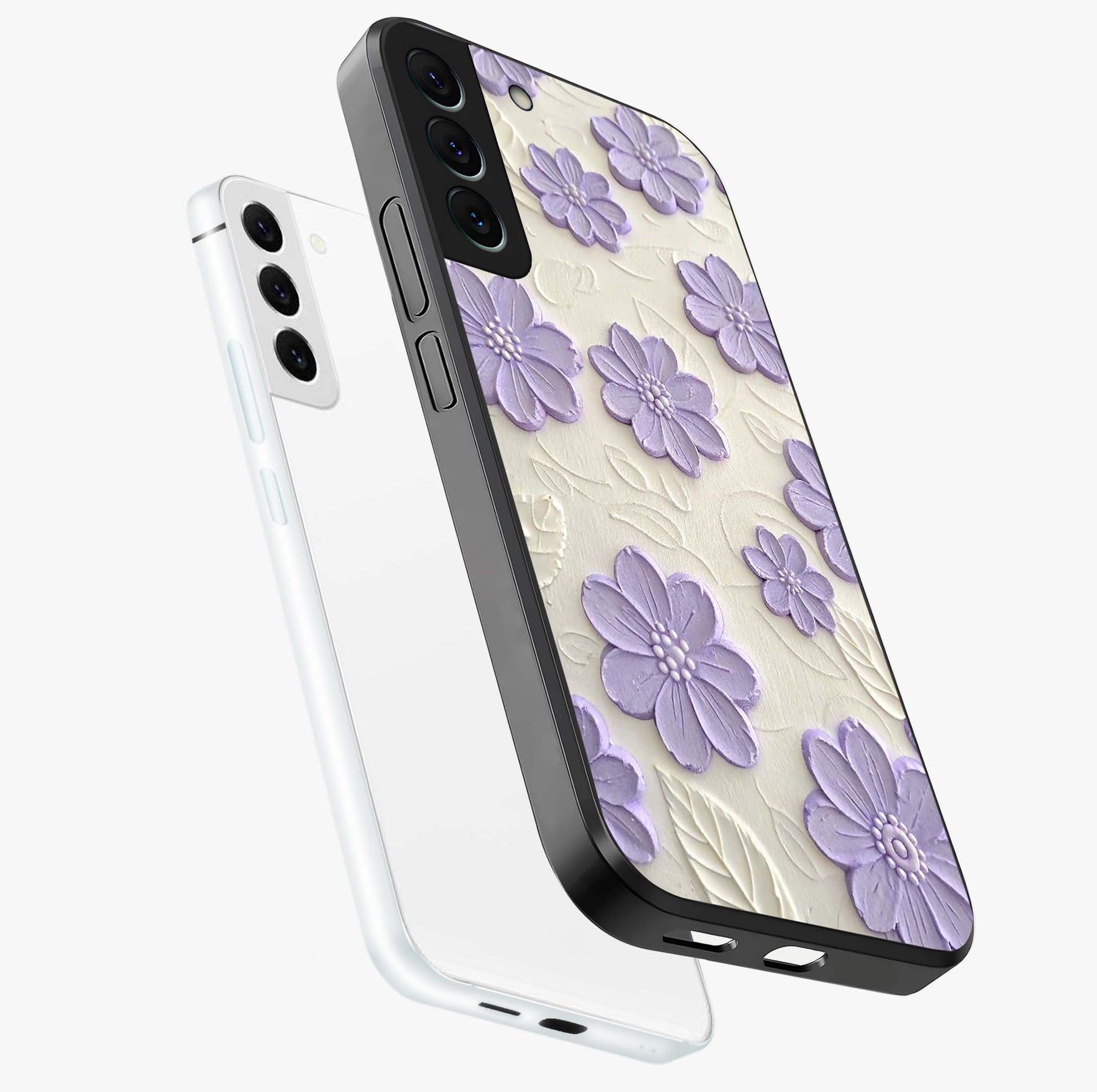 Floral Wall Art With Purple Flowers Glass Case displayed in angled mockup highlighting vibrant purple floral illustration with artistic aesthetic.