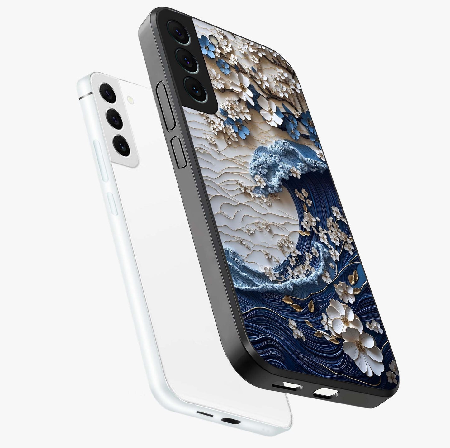 Floral Wave Origami Glass Case displayed in angled mockup highlighting geometric origami flower design with modern aesthetic style.