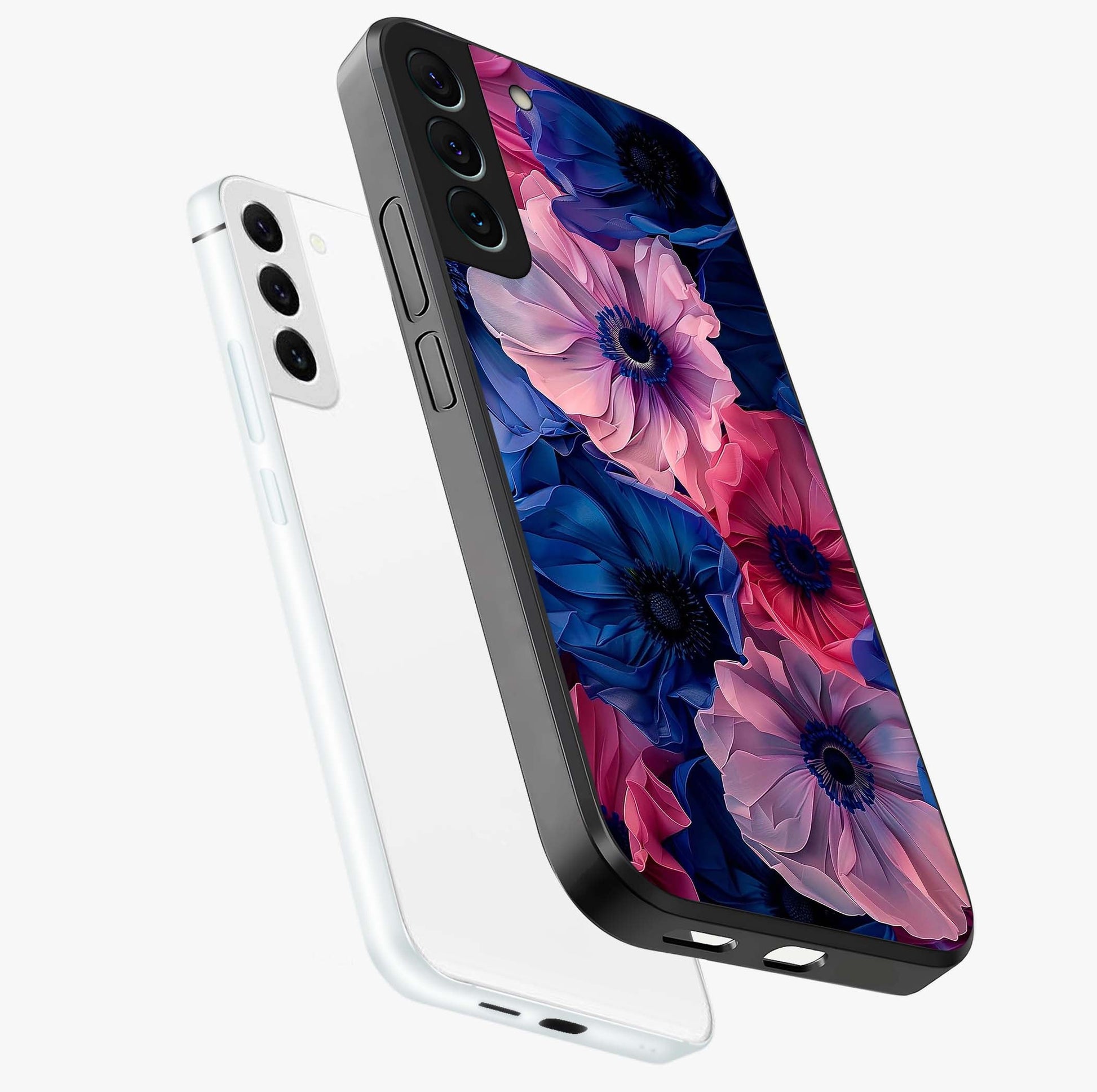 Flower Paper Art Pattern Glass Case displayed in angled mockup highlighting layered paper flower design with artistic aesthetic.