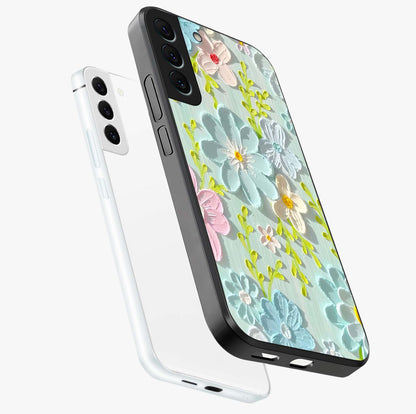 Frosted Petal Garden Glass Case displayed in angled mockup highlighting delicate flower petal design with calm garden aesthetic.