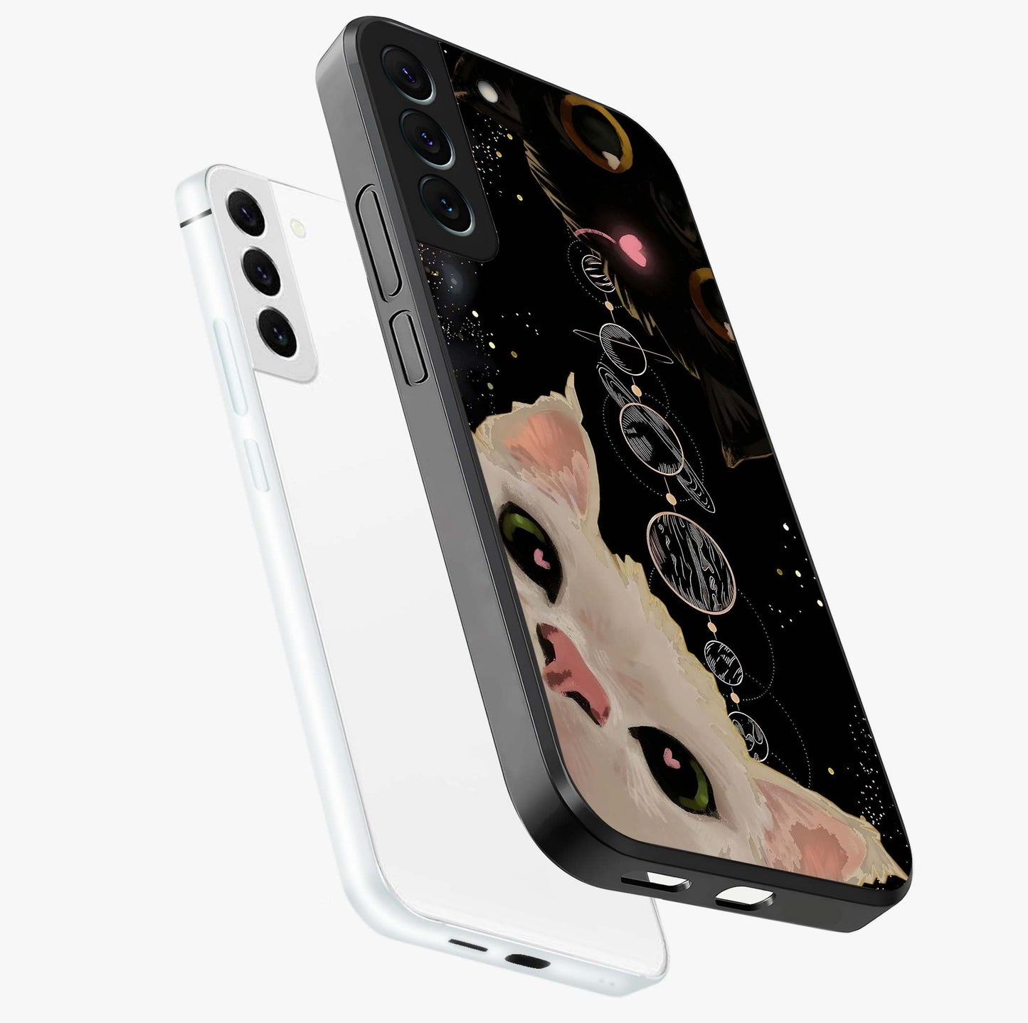 Galactic Cat Glass Case displayed in angled mockup highlighting celestial feline illustration with galaxy aesthetic style.
