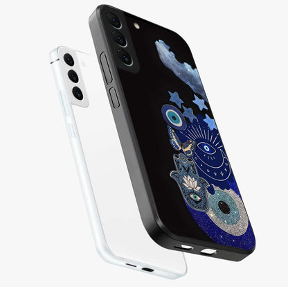 Galactic Charm Cluster Glass Case displayed in angled mockup highlighting luminous galaxy inspired design with dreamy aesthetic.