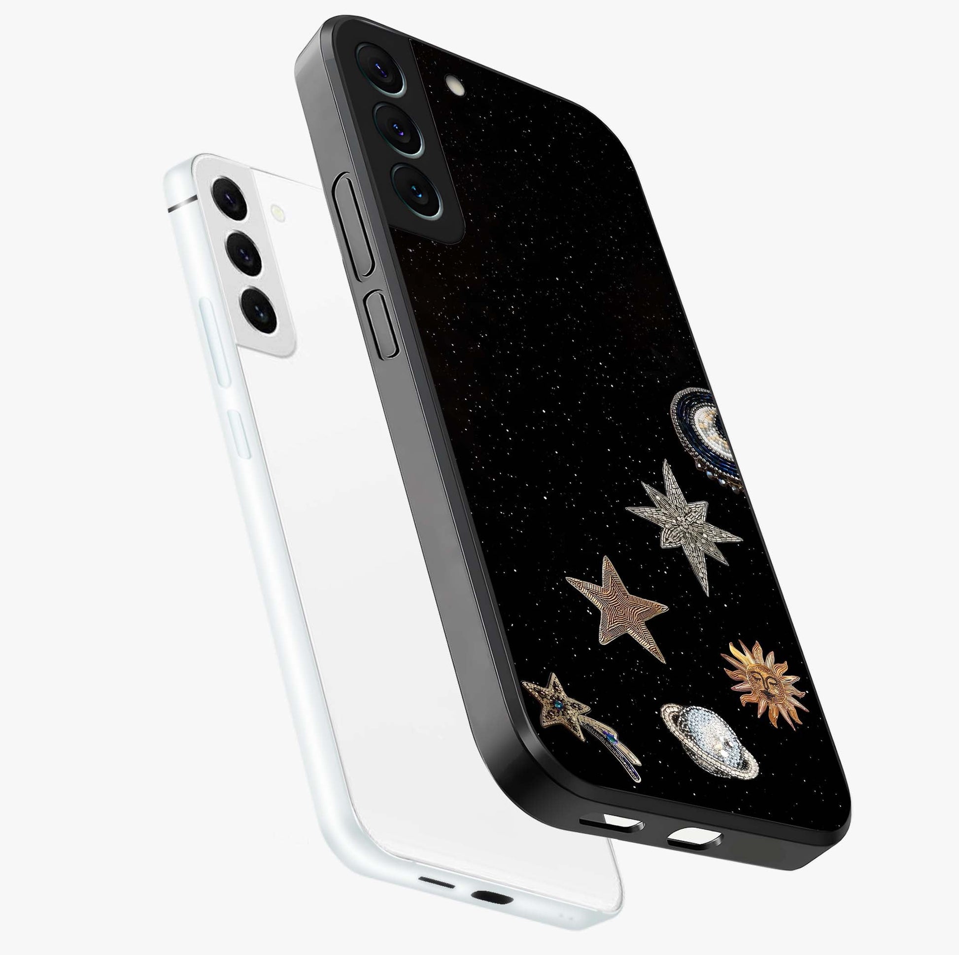 Galactic Charm Glow Glass Case displayed in angled mockup highlighting luminous galaxy inspired design with dreamy aesthetic.