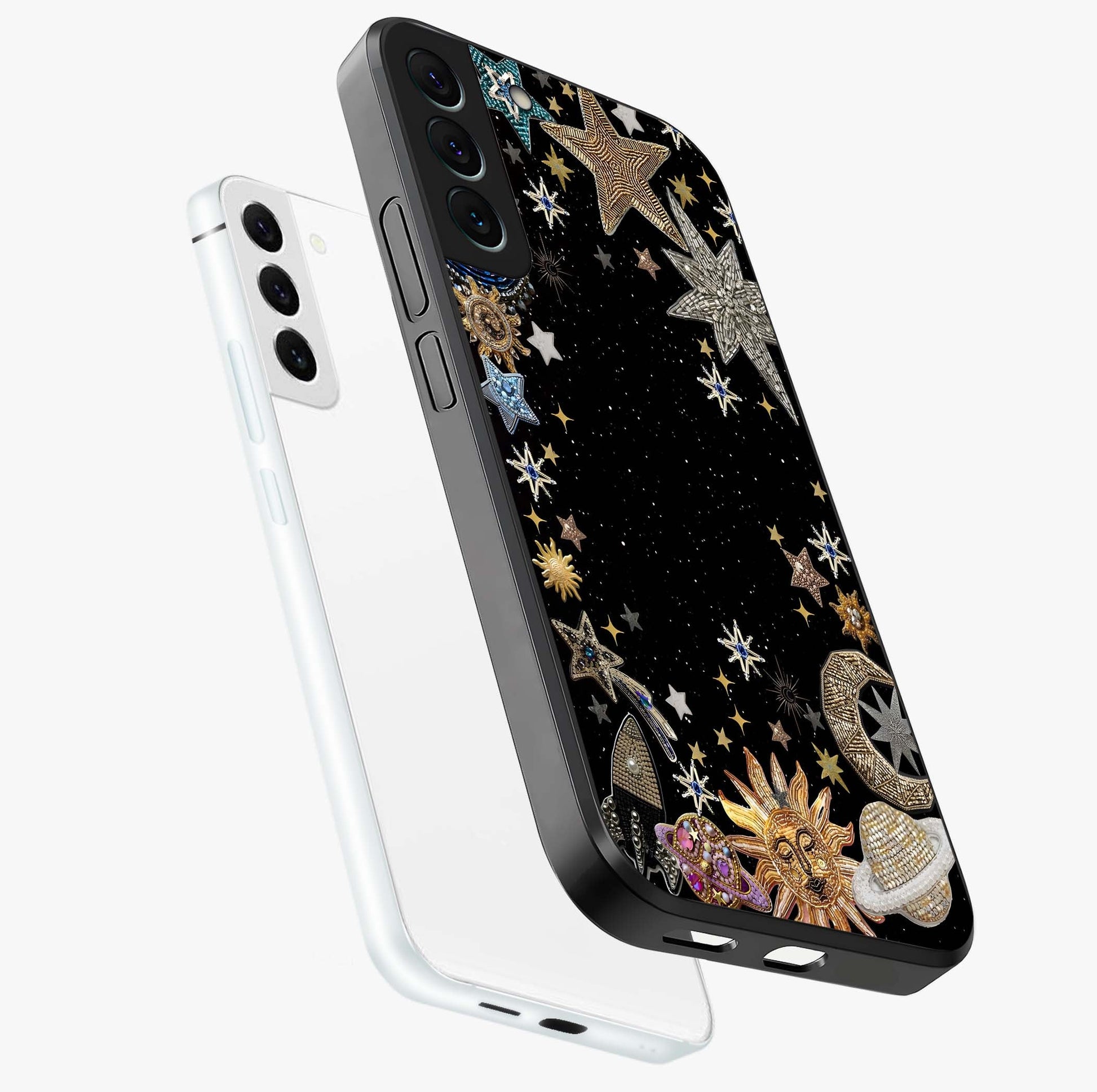 Galactic Jewel Stars Glass Case displayed in angled mockup highlighting shining celestial star design with cosmic aesthetic style.