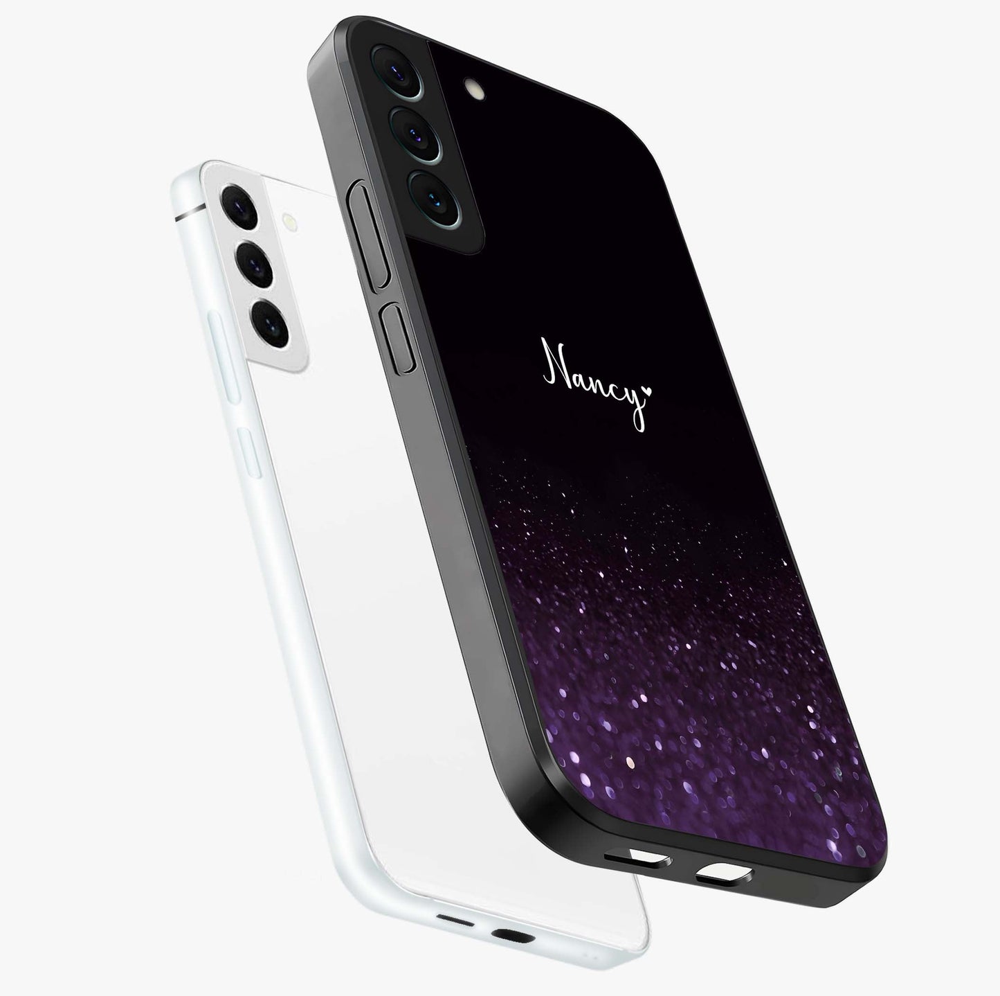 Glittery Purple Bokeh Custom Name Glass Case displayed in angled mockup highlighting glitter bokeh pattern with custom name feature.