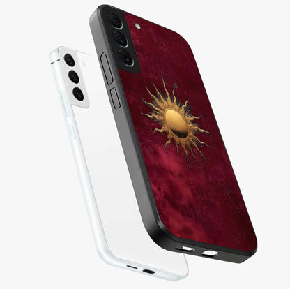 Golden Sun Minimalism Glass Case displayed in angled mockup highlighting clean sun symbol design with modern minimal aesthetic.
