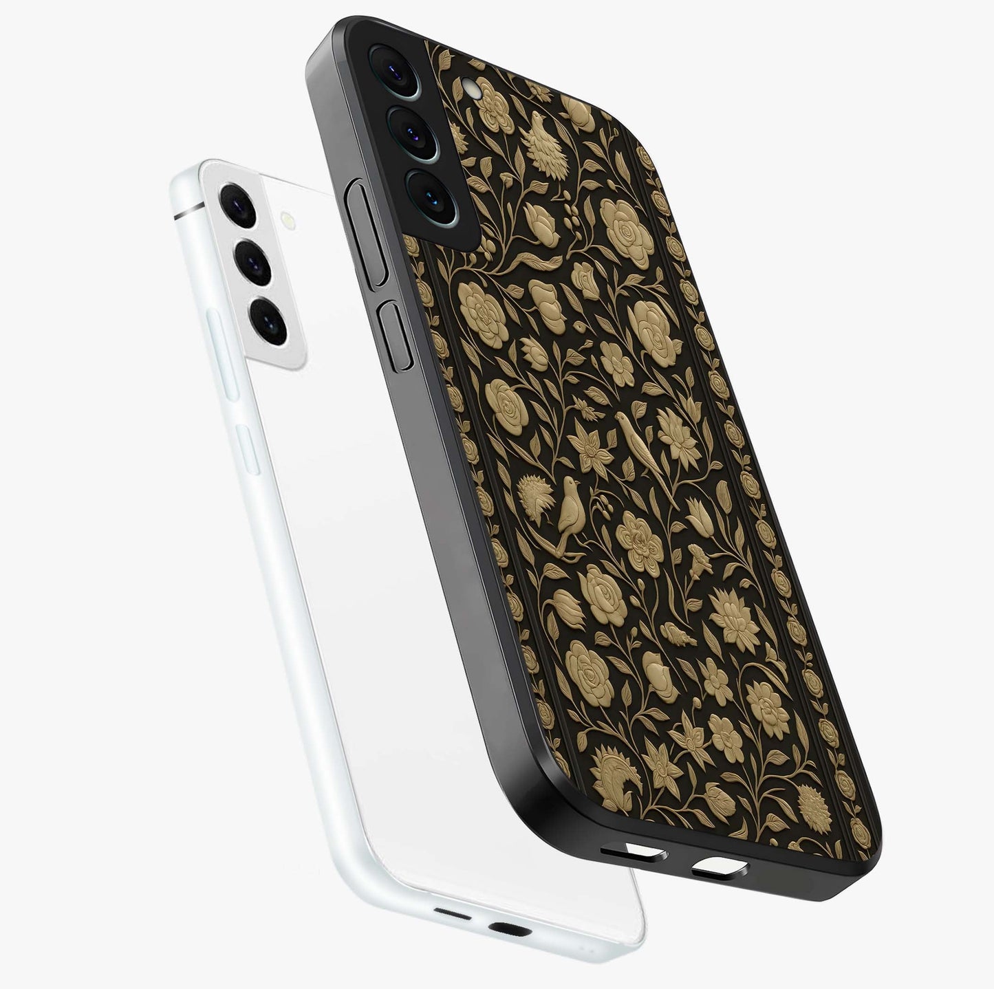 Golden Evil Eye Mandala Glass Case displayed in angled mockup highlighting protective evil eye symbol with golden mandala design.