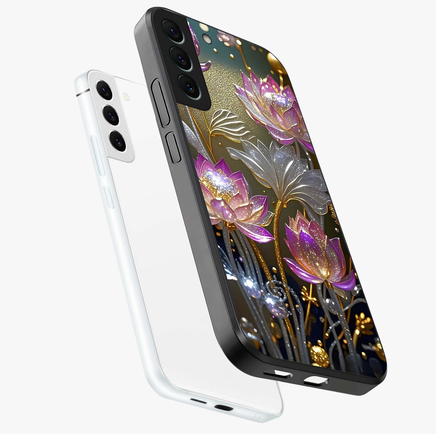 Golden Floral Majesty Glass Case displayed in angled mockup highlighting elegant flower design with royal golden aesthetic.