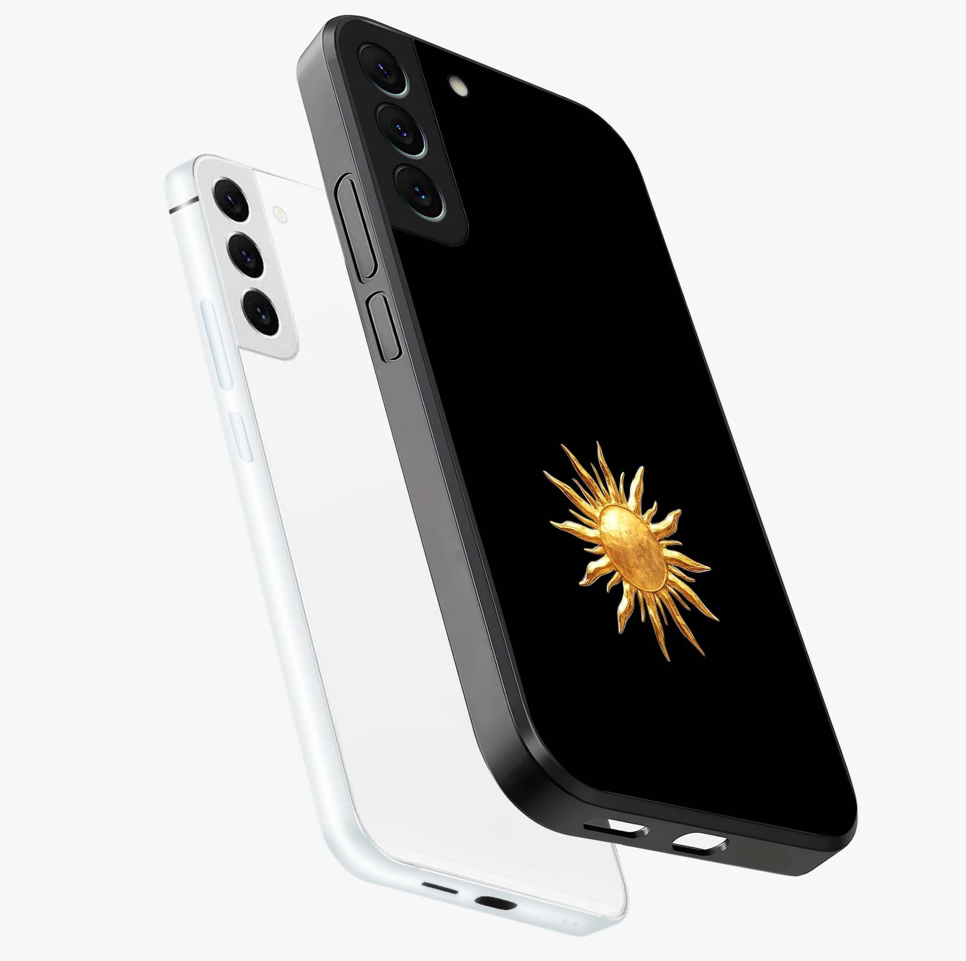 Golden Sun Minimalism Glass Case displayed in angled mockup highlighting eerie shadow illustration with gothic aesthetic.