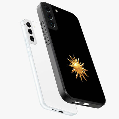 Golden Sun Minimalism Glass Case displayed in angled mockup highlighting eerie shadow illustration with gothic aesthetic.