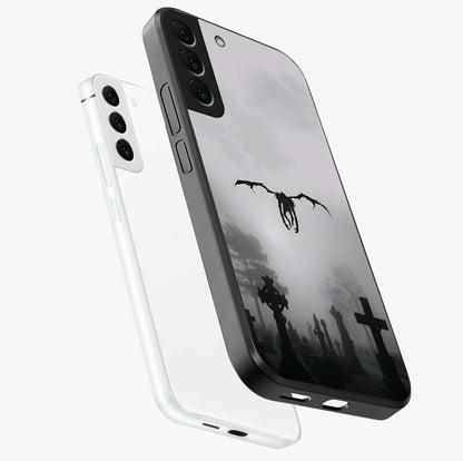Graveyard Shadow Descent Glass Case displayed in angled mockup highlighting eerie shadow illustration with gothic aesthetic.