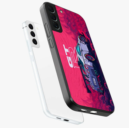 GT-R Car Pattern Glass Case displayed in angled mockup highlighting racing car graphic design with bold automotive aesthetic.