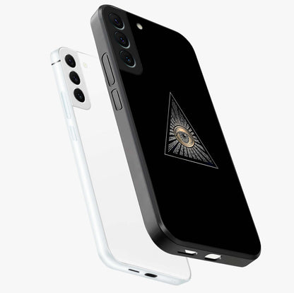Illuminati Evil Glass Case displayed in angled mockup highlighting dark occult inspired design with bold aesthetic style.