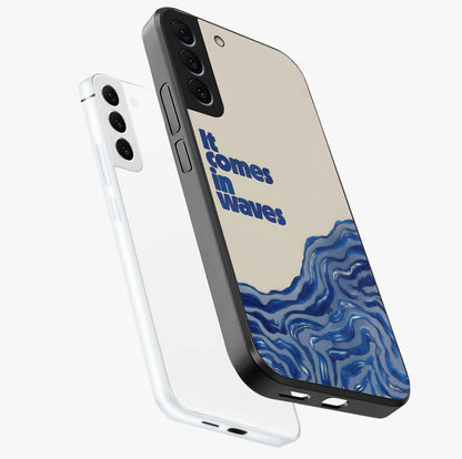 It Comes In Waves Quote Glass Case displayed in angled mockup highlighting ocean wave typography design with aesthetic style.