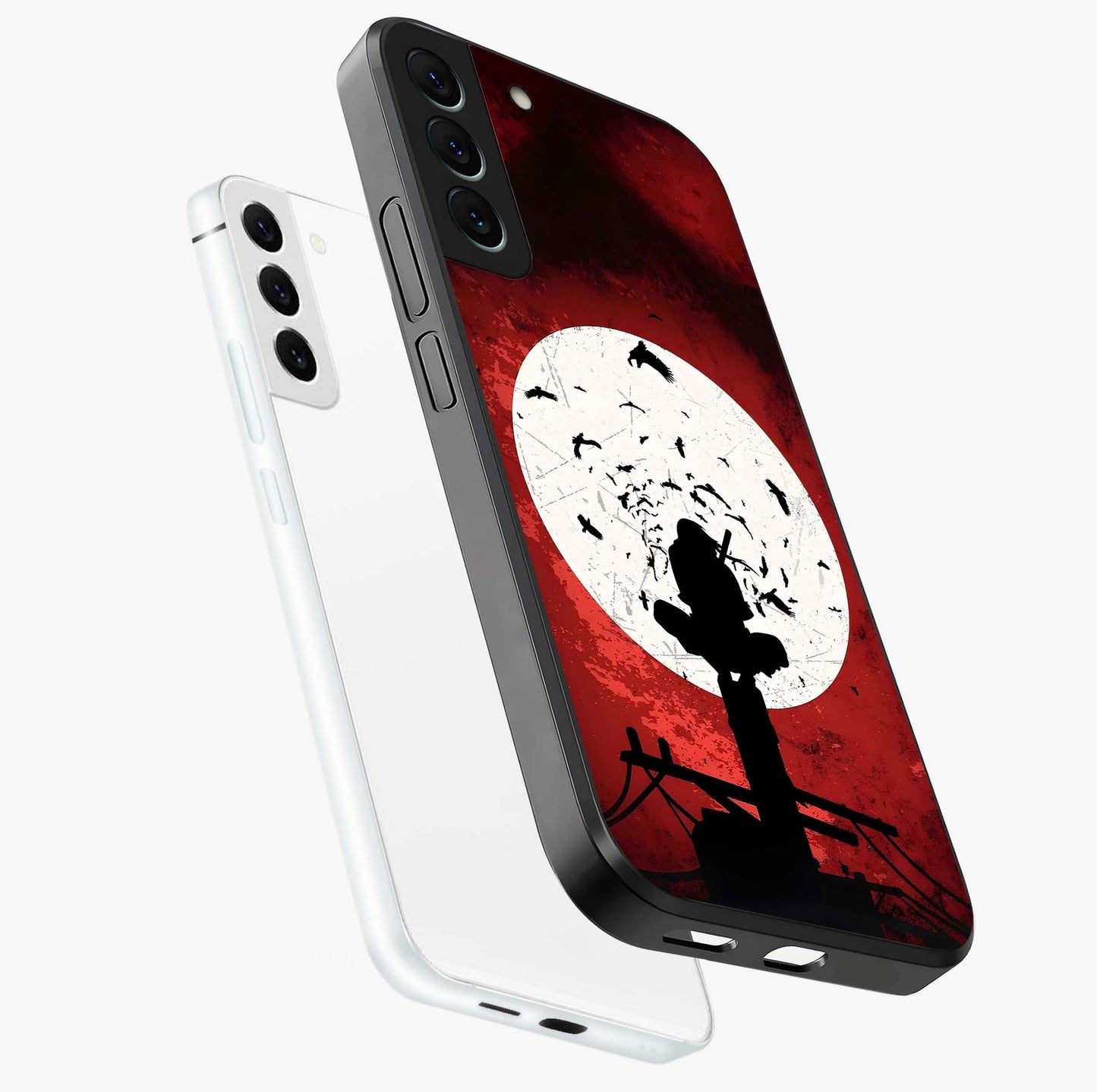 Itachi Limited Edition Naruto Anime Glass Case displayed in angled mockup highlighting dramatic anime illustration with bold action aesthetic.