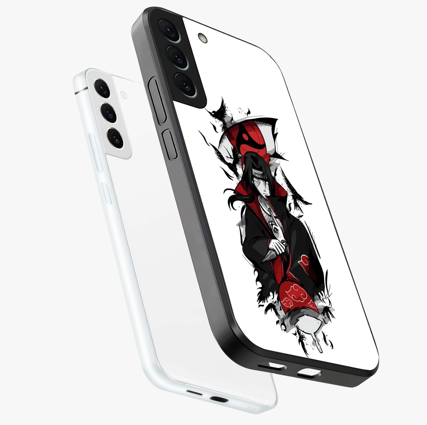 Itachi Sharingan Glass Case displayed in angled mockup highlighting striking sharingan eye design with dramatic anime aesthetic.