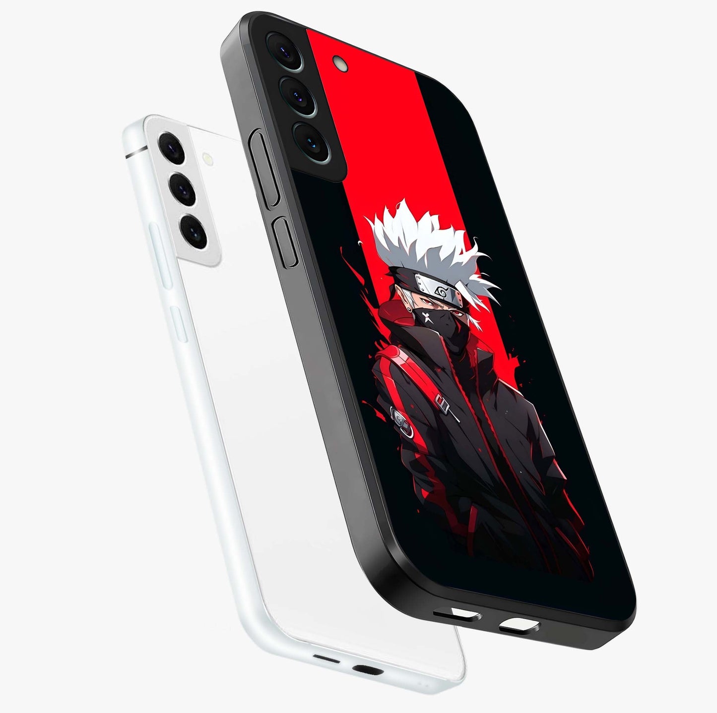 Kakashi Scarlet Shadow Glass Case displayed in angled mockup highlighting dramatic ninja illustration with scarlet themed aesthetic.