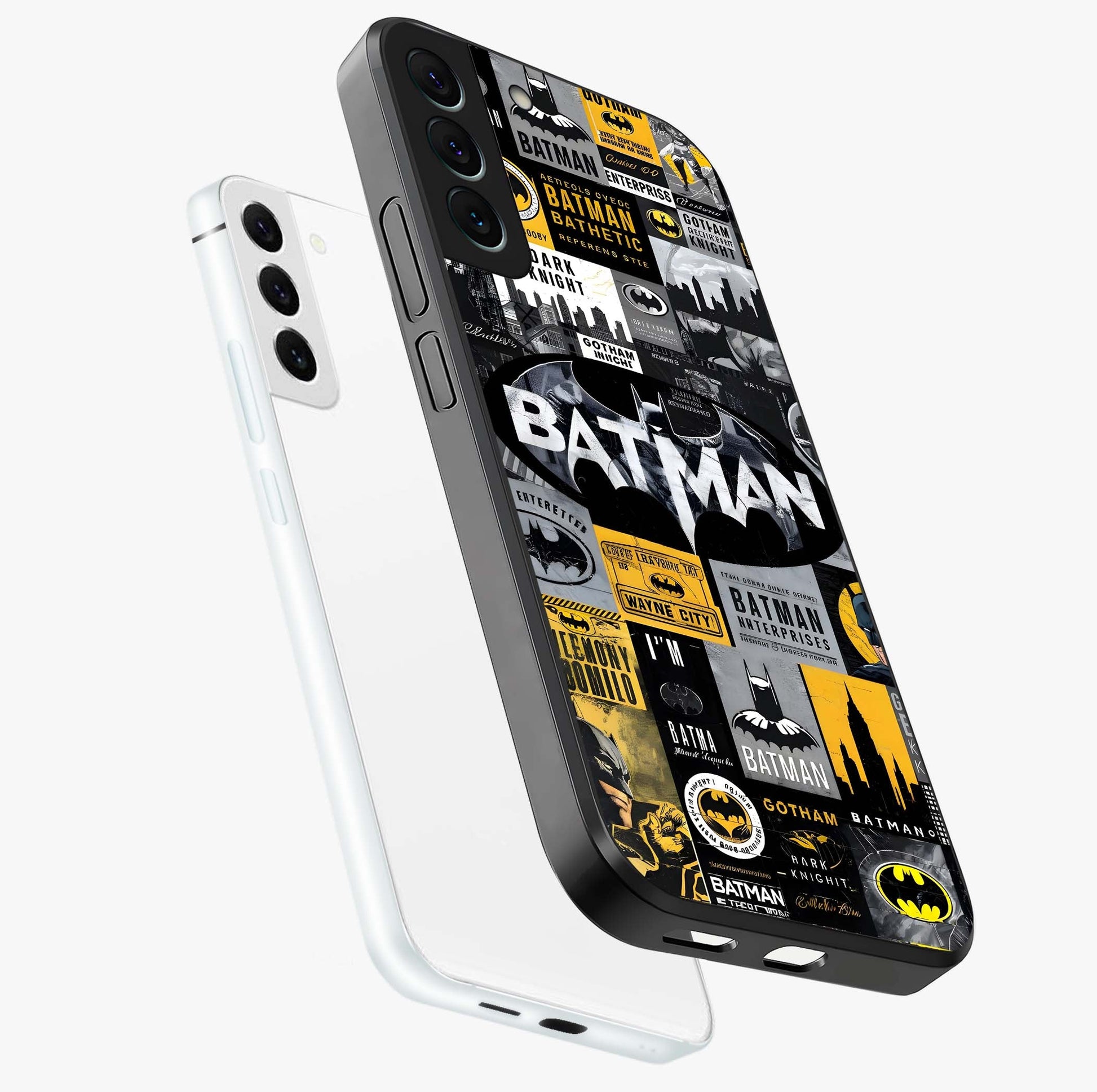 Knight Gotham Rise Glass Case displayed in angled mockup highlighting powerful knight silhouette design with dramatic aesthetic.