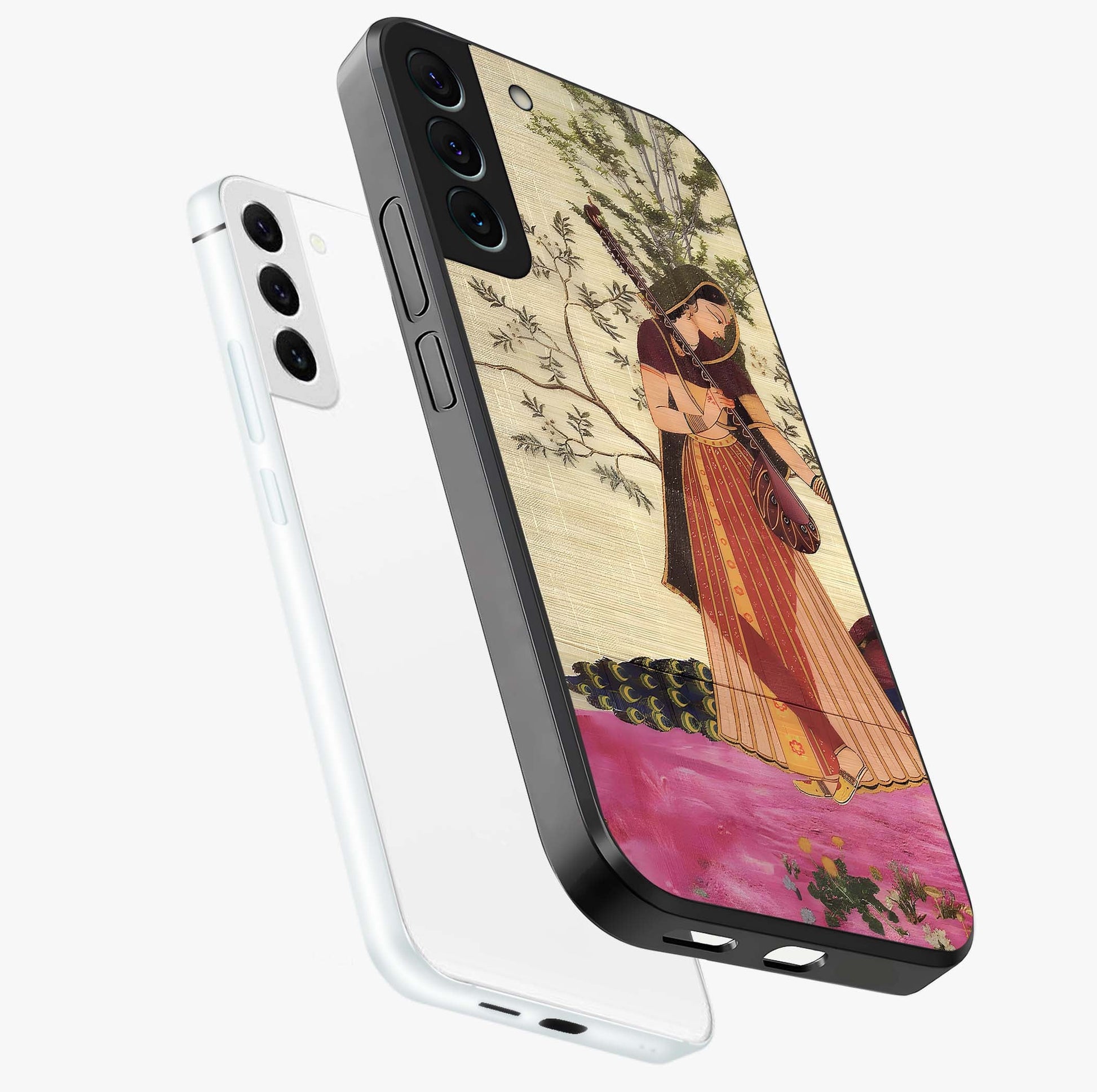 Lady With Veena Art Glass Case displayed in angled mockup highlighting graceful musical illustration with cultural artistic aesthetic.