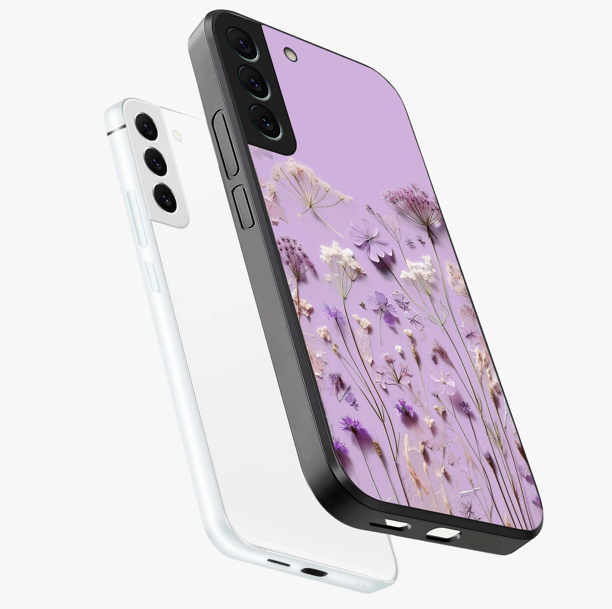 Lavender Blossom Dream Glass Case displayed in angled mockup highlighting dreamy lavender flower design with calming aesthetic style.