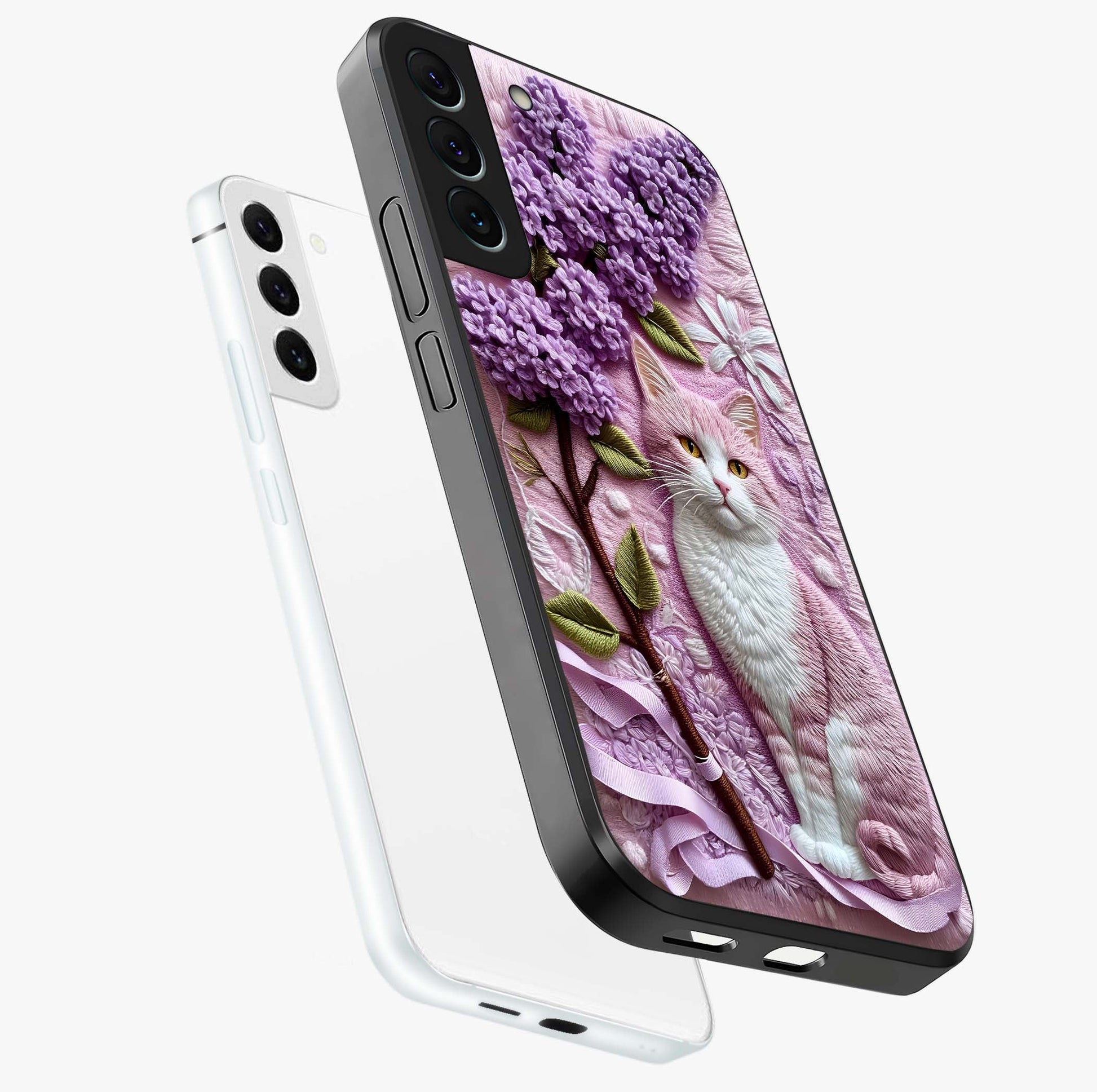 Lavender Cat Whimsy Glass Case displayed in angled mockup highlighting playful feline illustration with pastel lavender aesthetic.