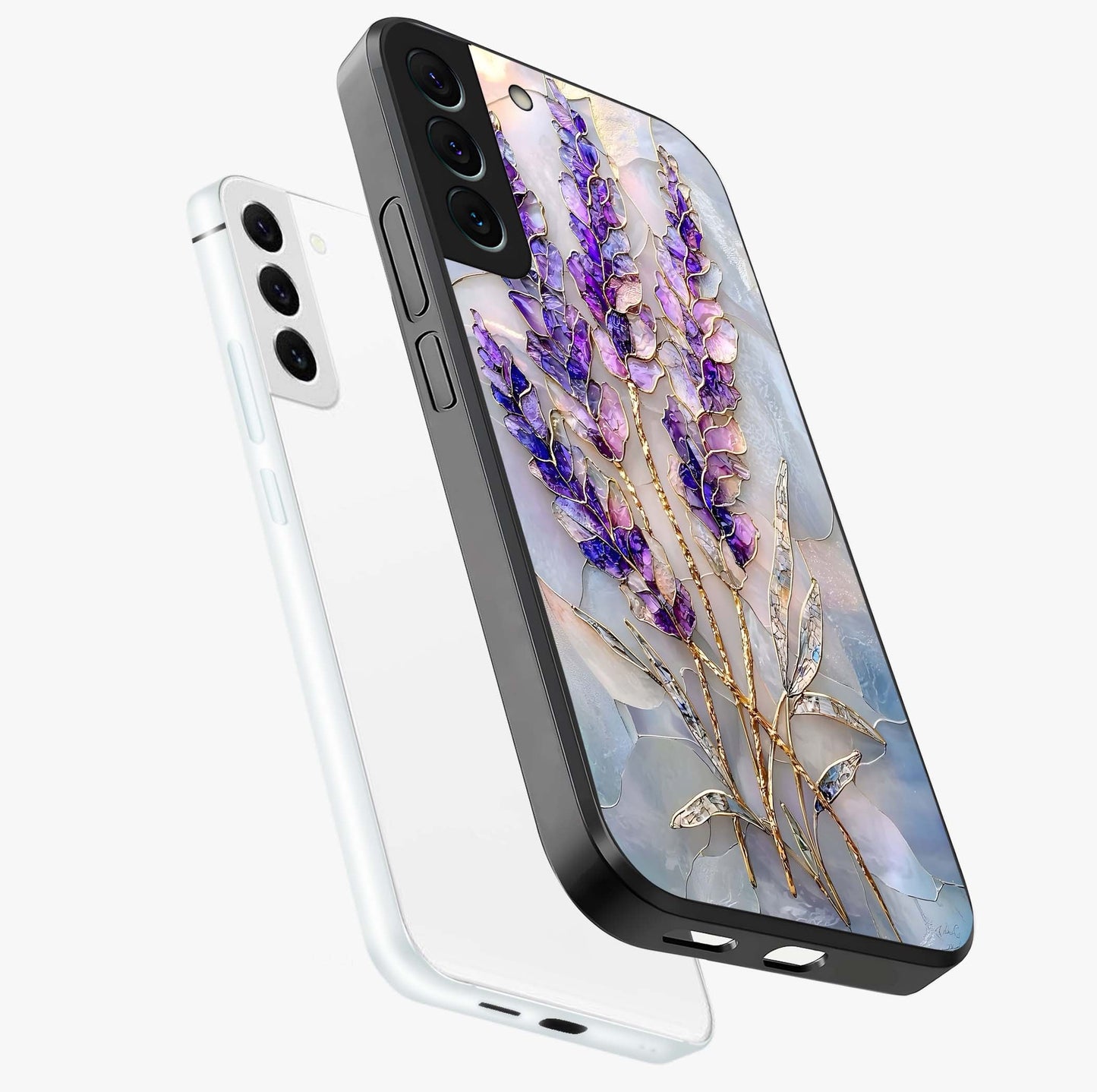 Lavender Dream Glow Glass Case displayed in angled mockup highlighting dreamy purple glow design with soft artistic style.