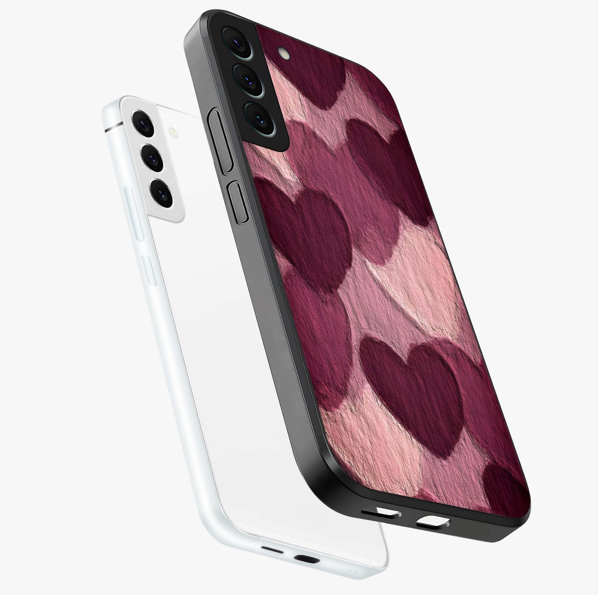 Layered Paper Hearts Glass Case displayed in angled mockup highlighting creative paper craft heart design with romantic aesthetic.