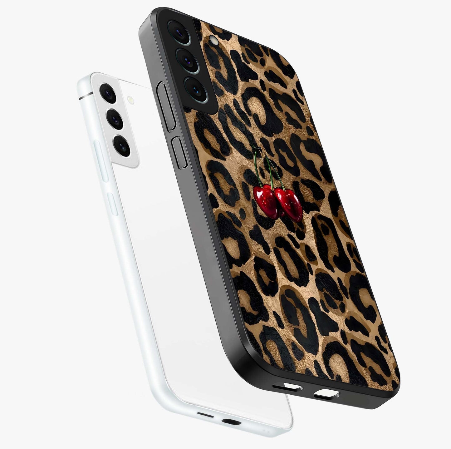 Leopard Wild Cherry Glass Case displayed in angled mockup highlighting bold animal print design with playful cherry aesthetic.