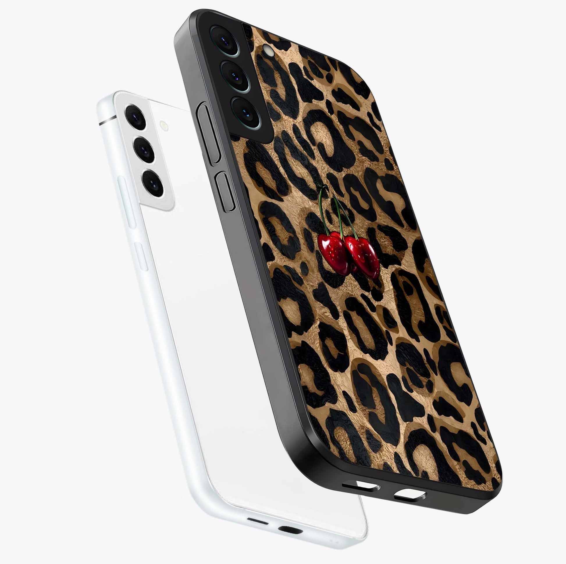 Leopard Wild Cherry Glass Case displayed in angled mockup highlighting bold animal print design with playful cherry aesthetic.