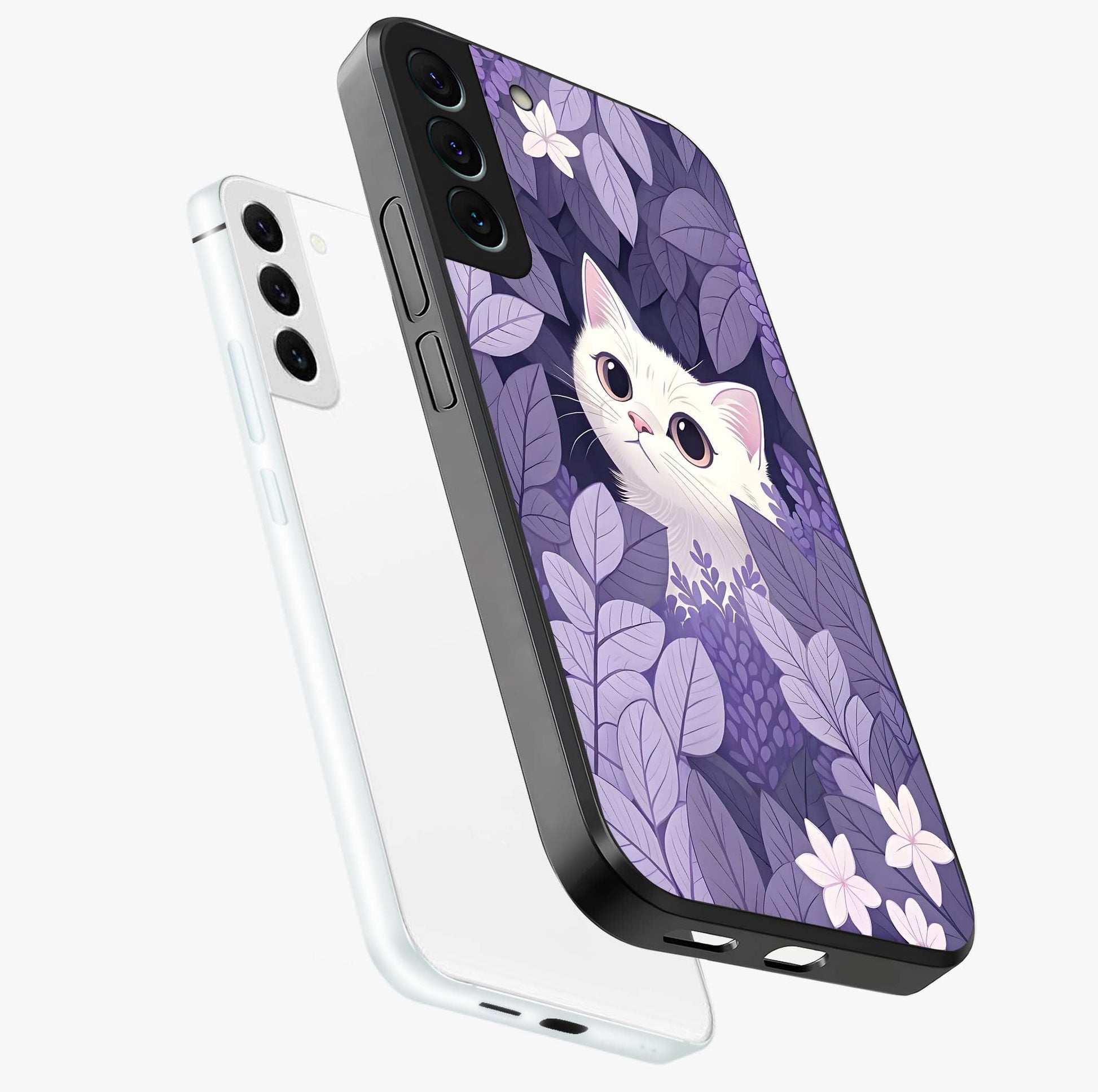 Lilac Hide Peek Cat Glass Case displayed in angled mockup highlighting playful feline illustration with lilac aesthetic design.