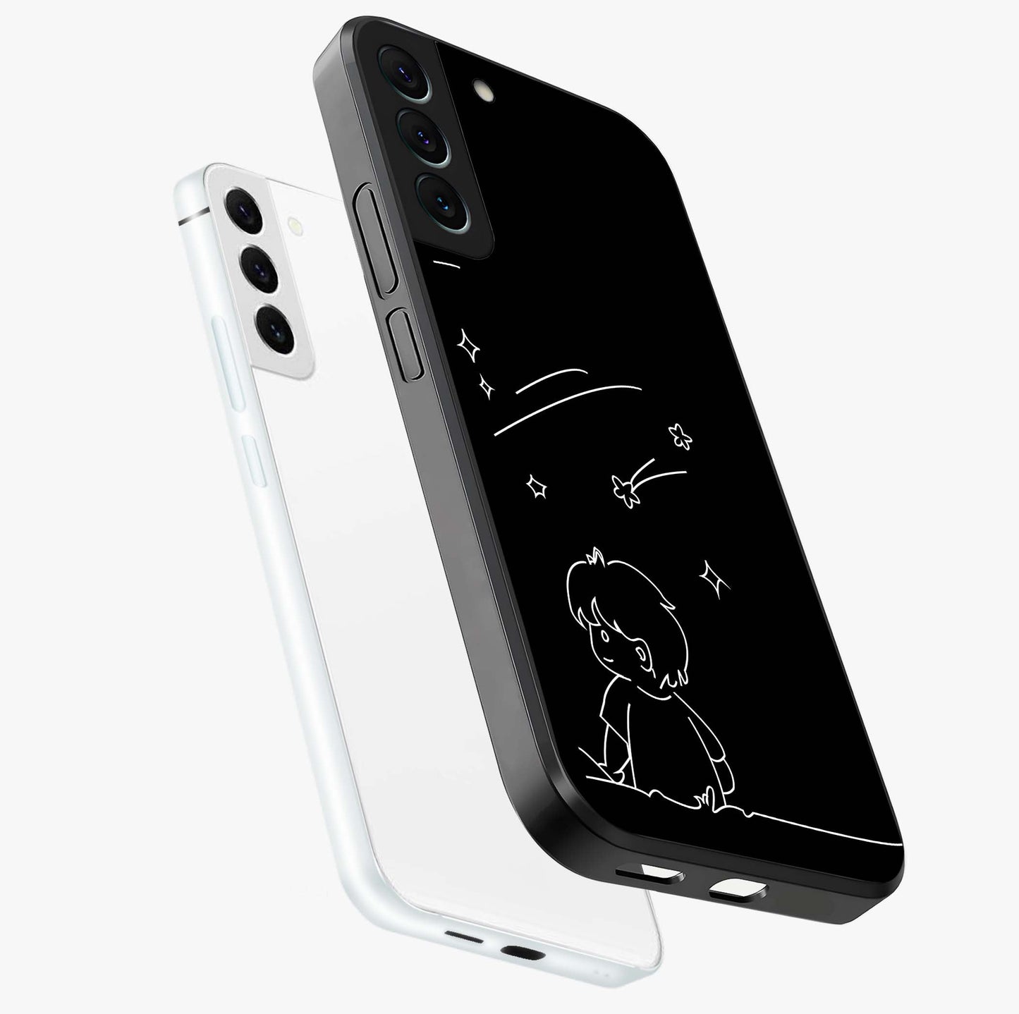 Line Art Boy With Shooting Stars Glass Case displayed in angled mockup highlighting elegant line art design with dreamy star aesthetic.