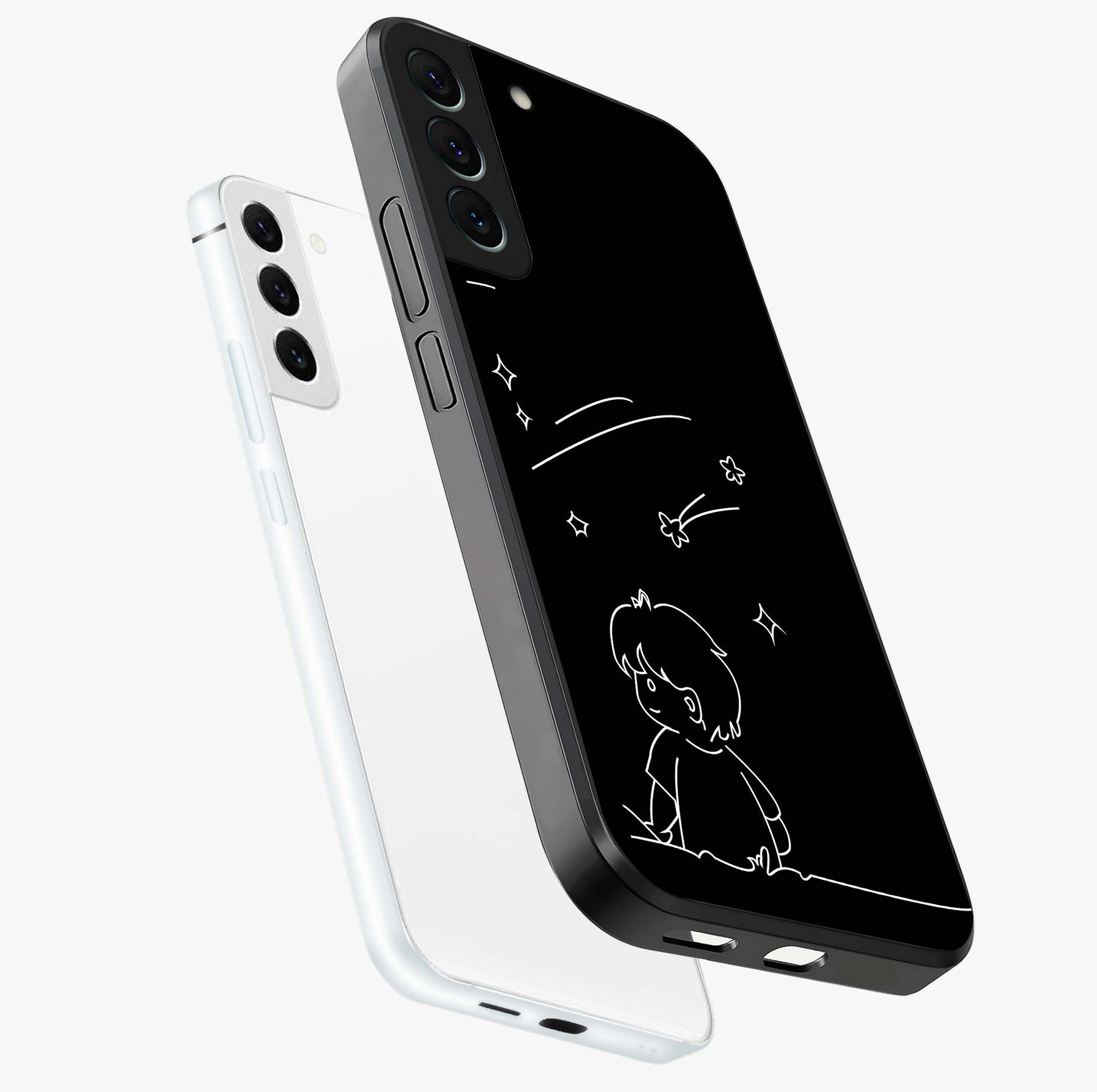 Line Art Boy With Shooting Stars Glass Case displayed in angled mockup highlighting elegant line art design with dreamy star aesthetic.