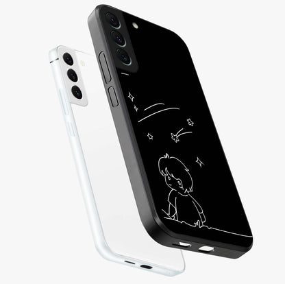 Line Art Boy With Shooting Stars Glass Case displayed in angled mockup highlighting elegant line art design with dreamy star aesthetic.