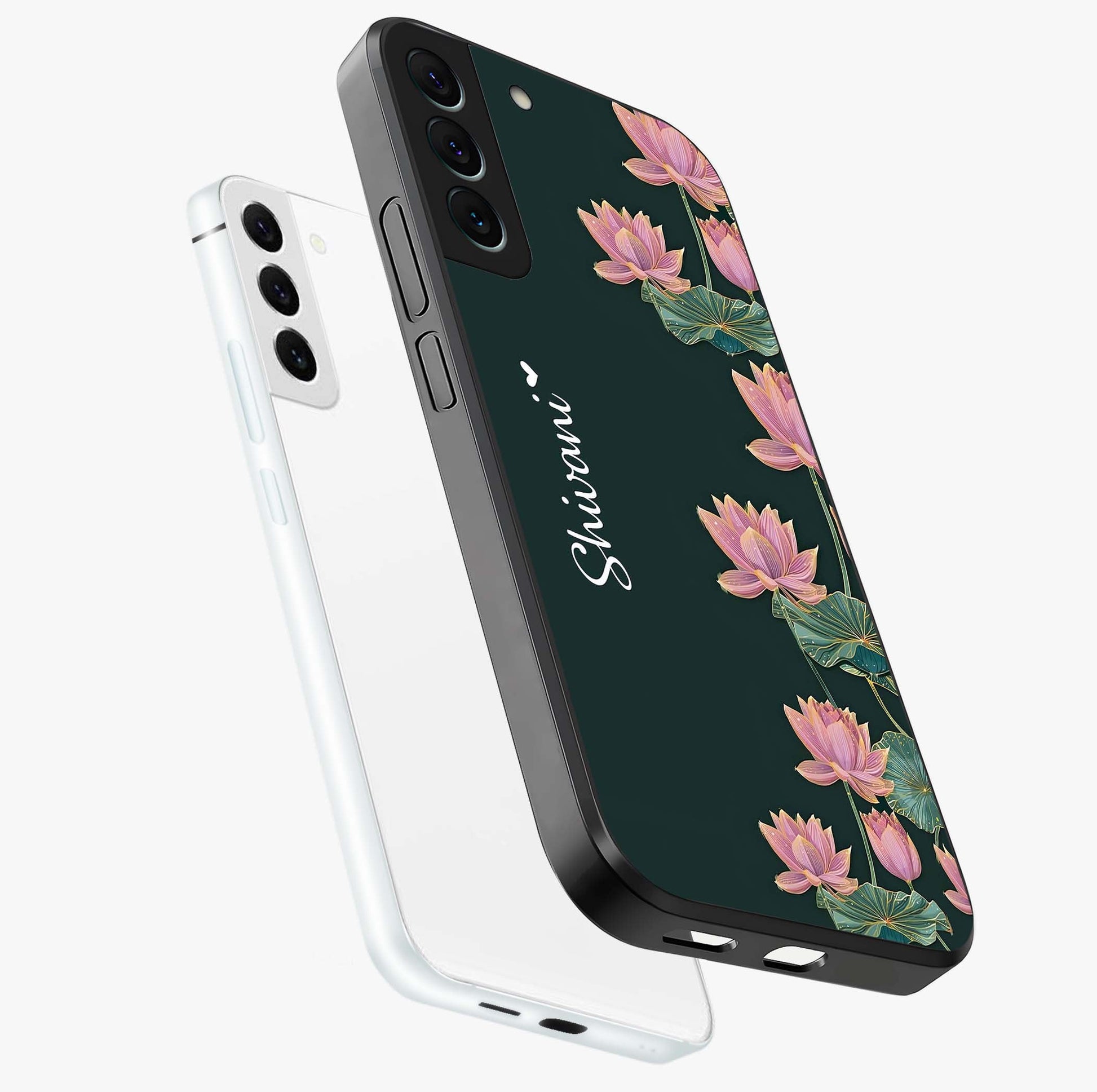 Lotus Bloom Serenity Custom Name Glass Case displayed in angled mockup highlighting graceful lotus illustration with custom name feature.