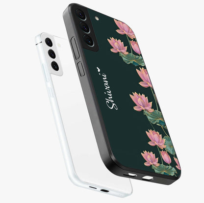 Lotus Bloom Serenity Custom Name Glass Case displayed in angled mockup highlighting graceful lotus illustration with custom name feature.