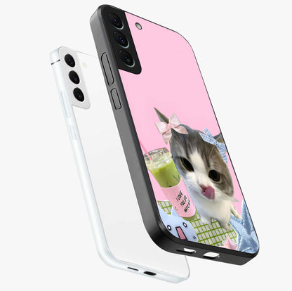 Love Matcha Cat Glass Case displayed in angled mockup highlighting playful feline illustration with cozy matcha aesthetic.