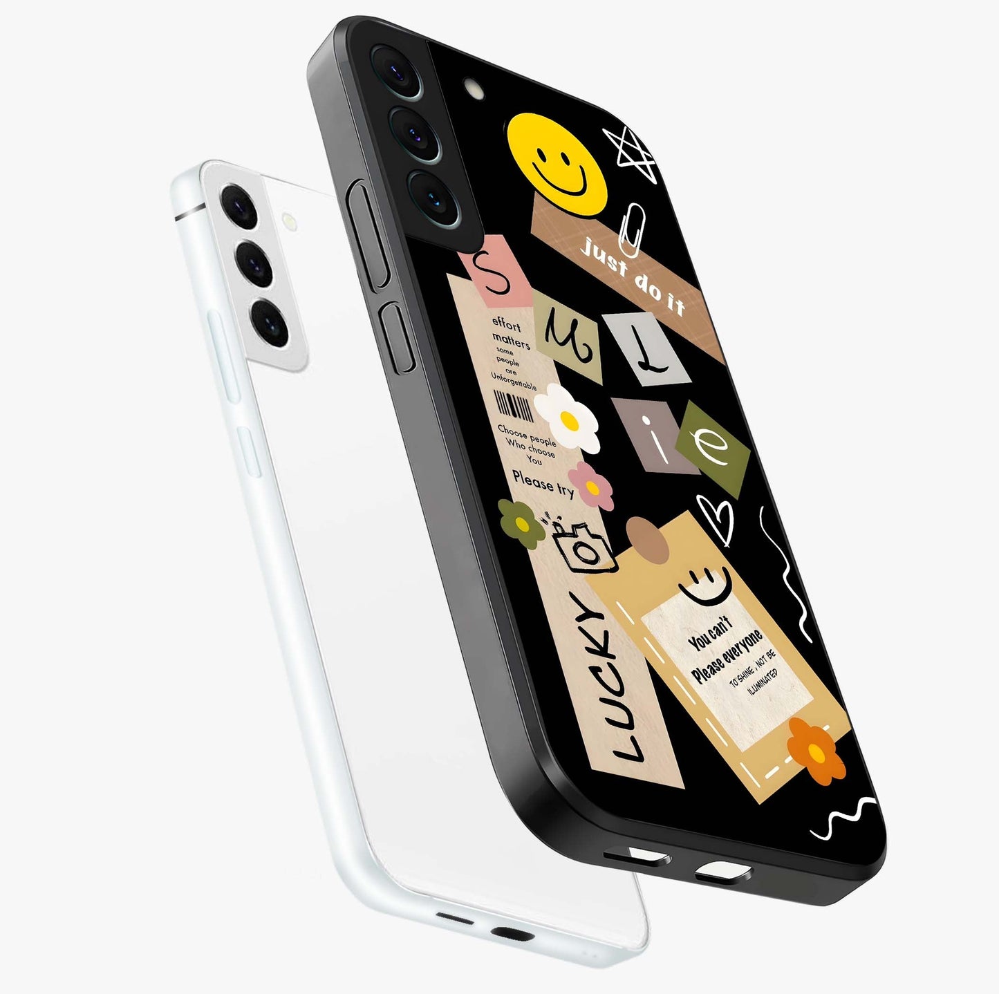 Lucky Aesthetic Collage Glass Case displayed in angled mockup highlighting stylish collage pattern with modern aesthetic vibe.