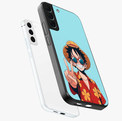 Luffy Summer Anime Vibe Glass Case displayed in angled mockup highlighting energetic anime illustration with summer vibe aesthetic.