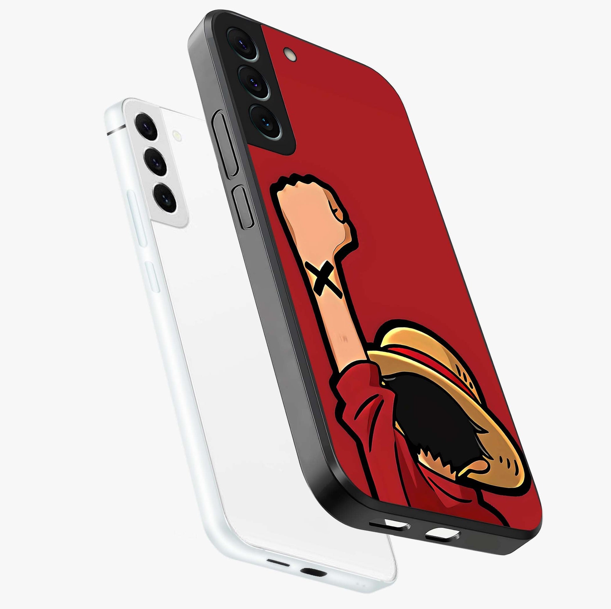 Luffy X Spirit Glass Case displayed in angled mockup highlighting powerful anime design with energetic action aesthetic.