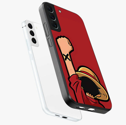 Luffy X Spirit Glass Case displayed in angled mockup highlighting powerful anime design with energetic action aesthetic.