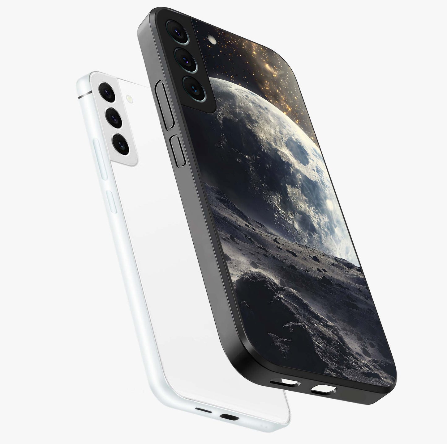 Lunar Horizon Glow Glass Case displayed in angled mockup highlighting celestial moon design with dreamy night aesthetic.