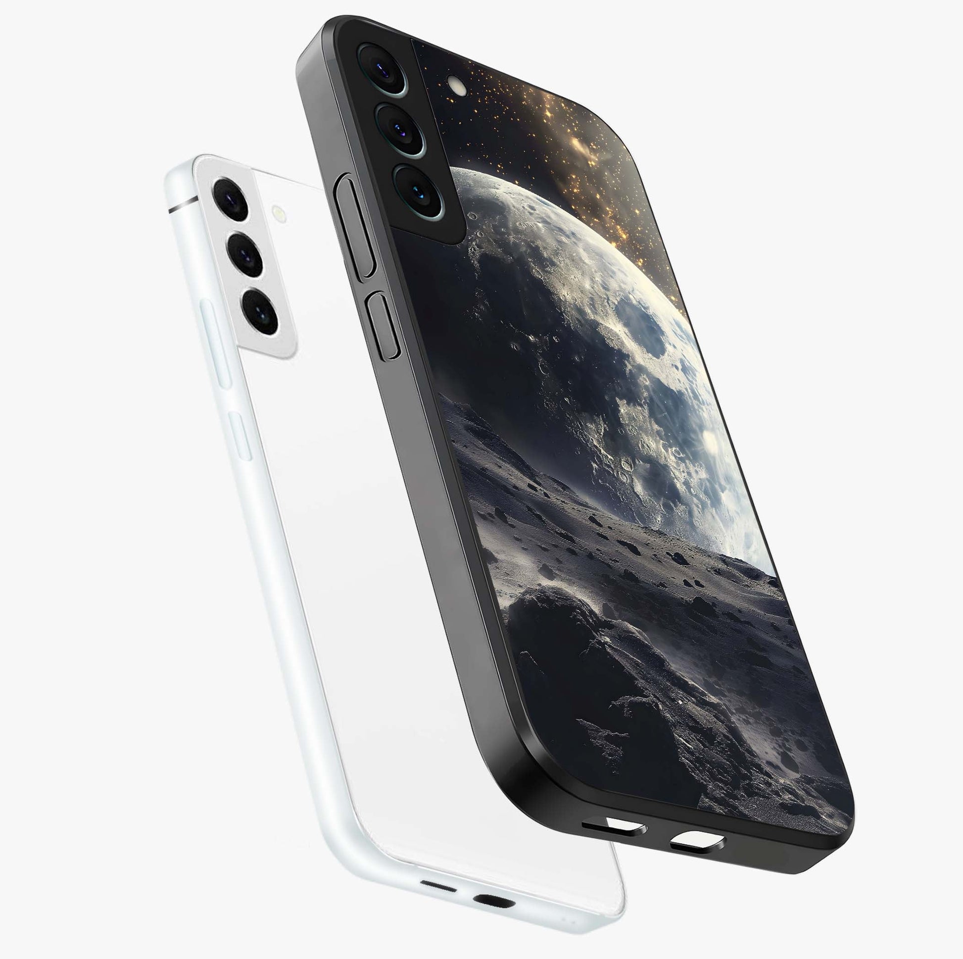 Lunar Horizon Glow Glass Case displayed in angled mockup highlighting celestial moon design with dreamy night aesthetic.